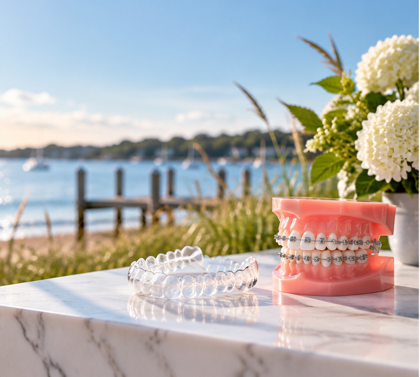 Orthodontic braces model and clear aligners on a pale marble table beside the water.